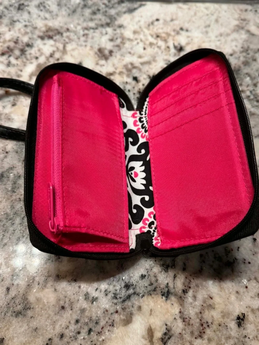 thirty-one Black and Pink Floral Wristlet with ID Window 6x3.5 inches